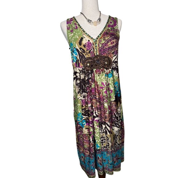 VTG ECI Babydoll Empire waist M Boho Dress Festival Beaded fairy Whimsigoth Y2K - Picture 2 of 12